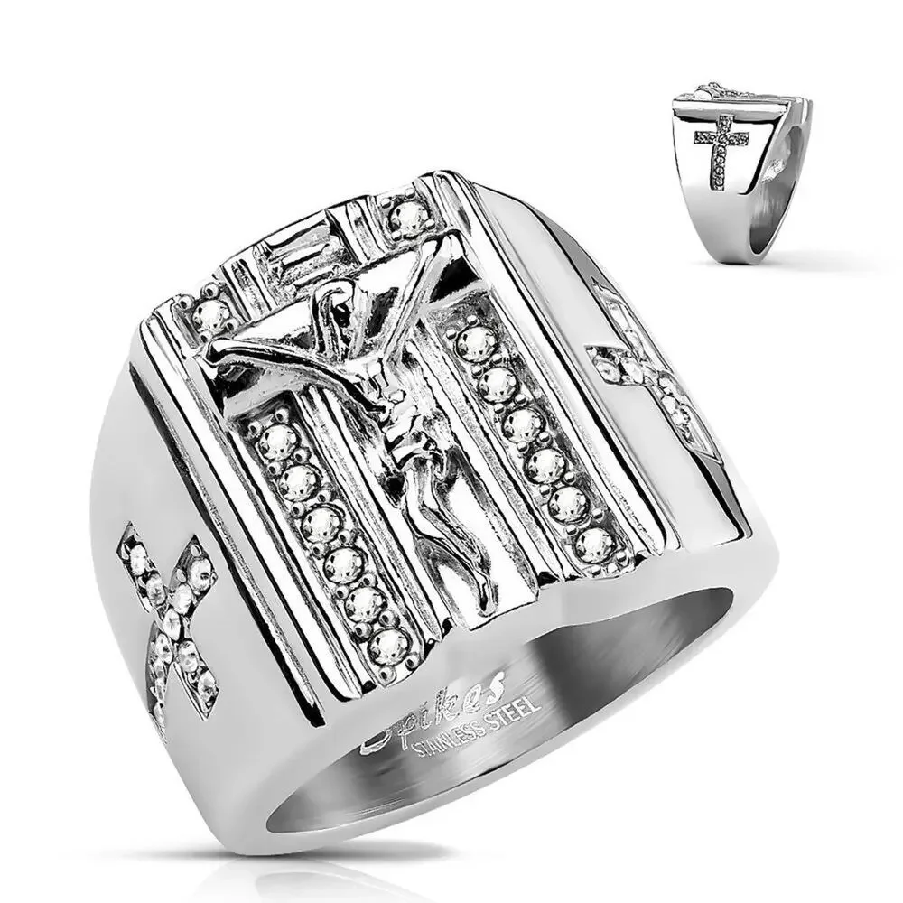 CZ Pave Cross Sides and Jesus on the Cross Stainless Steel Ring size 13